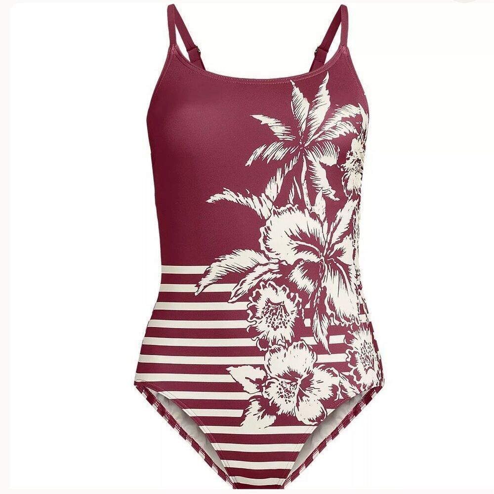 Lands End Women's size 2 Tugless Thin Strap One Piece Swimsuit Burgundy Tropic